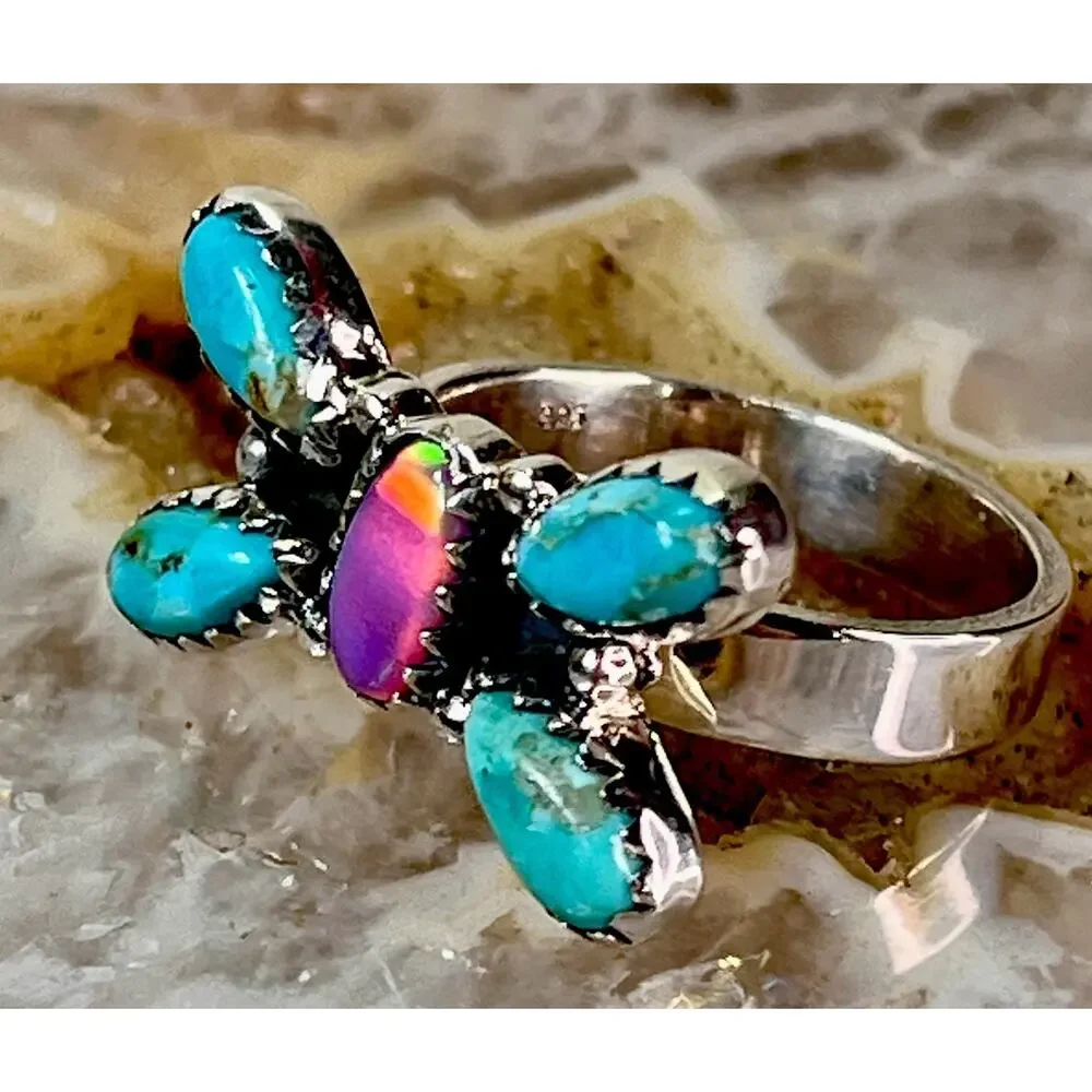 Southwest Sterling Silver Kingman Turquoise Pink Opal Butterfly Cluster Ring